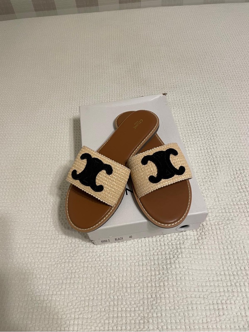 CTan Leather Slide Sandals with Black Woven Emblem